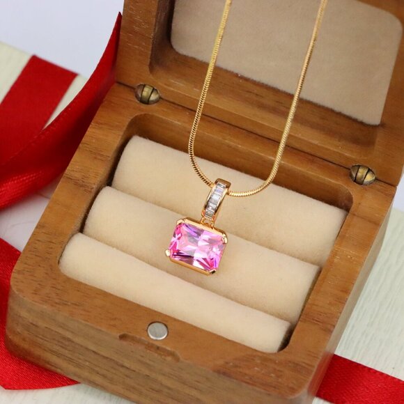 "Chic Pink Emerald Cut Pendant with Baguette Bail in Rose Gold Tone, XPPT1780 - Picture 2 of 13
